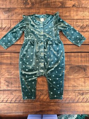 H&M 9M Green Polka Dot Velvet Baby Romper